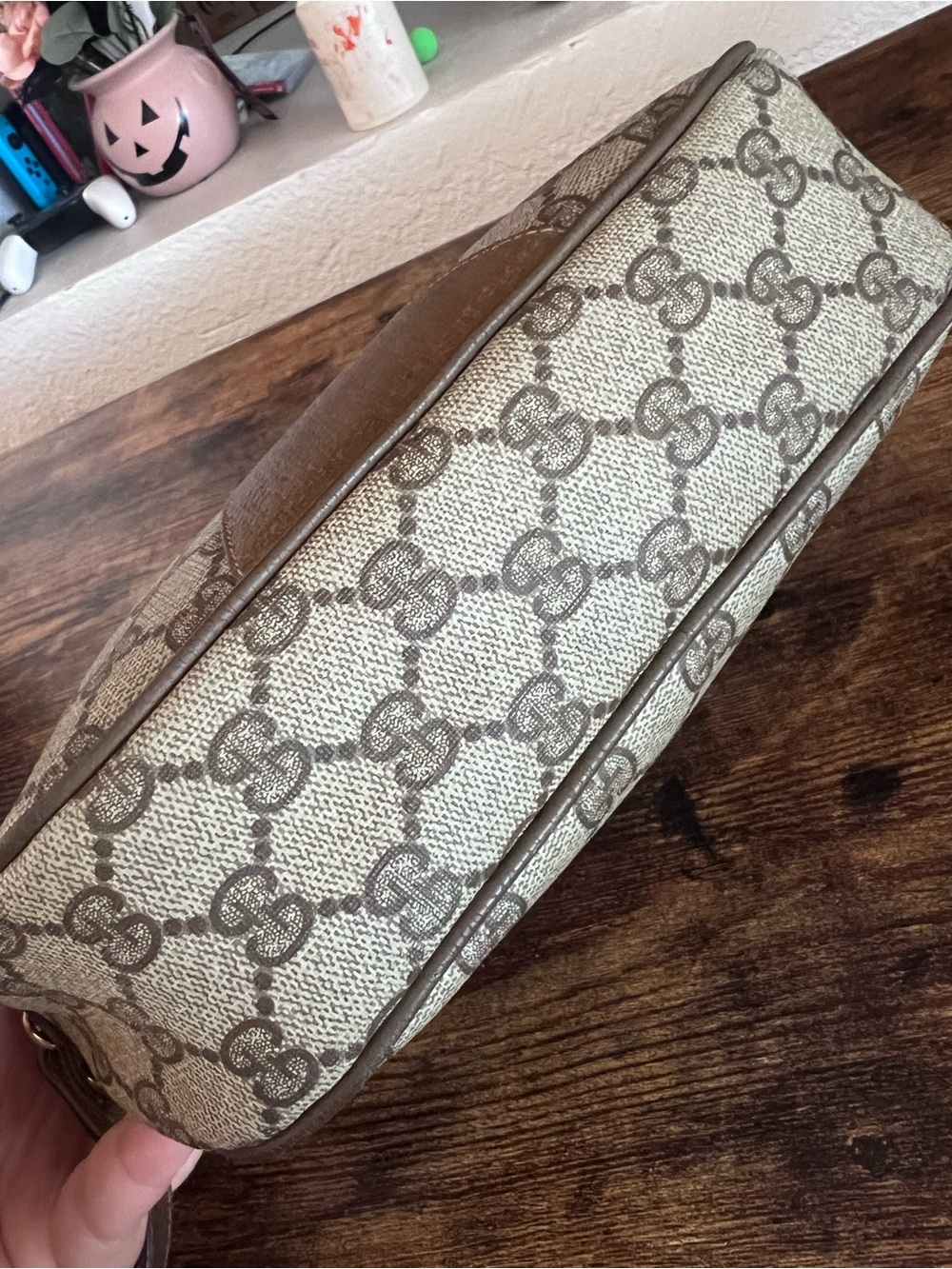 Vintage 80s Gucci Brown GG Supreme Canvas Wristlet with Sherry Line Stripe - Picture 8 of 14